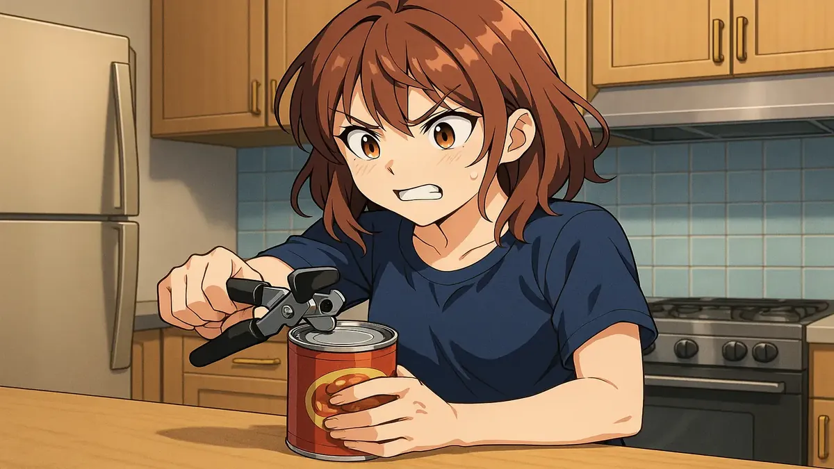 रसोई में टूटी कैन ओपनर पकड़े हुए एक निराश व्यक्ति का एनीमे-शैली का चित्रण।