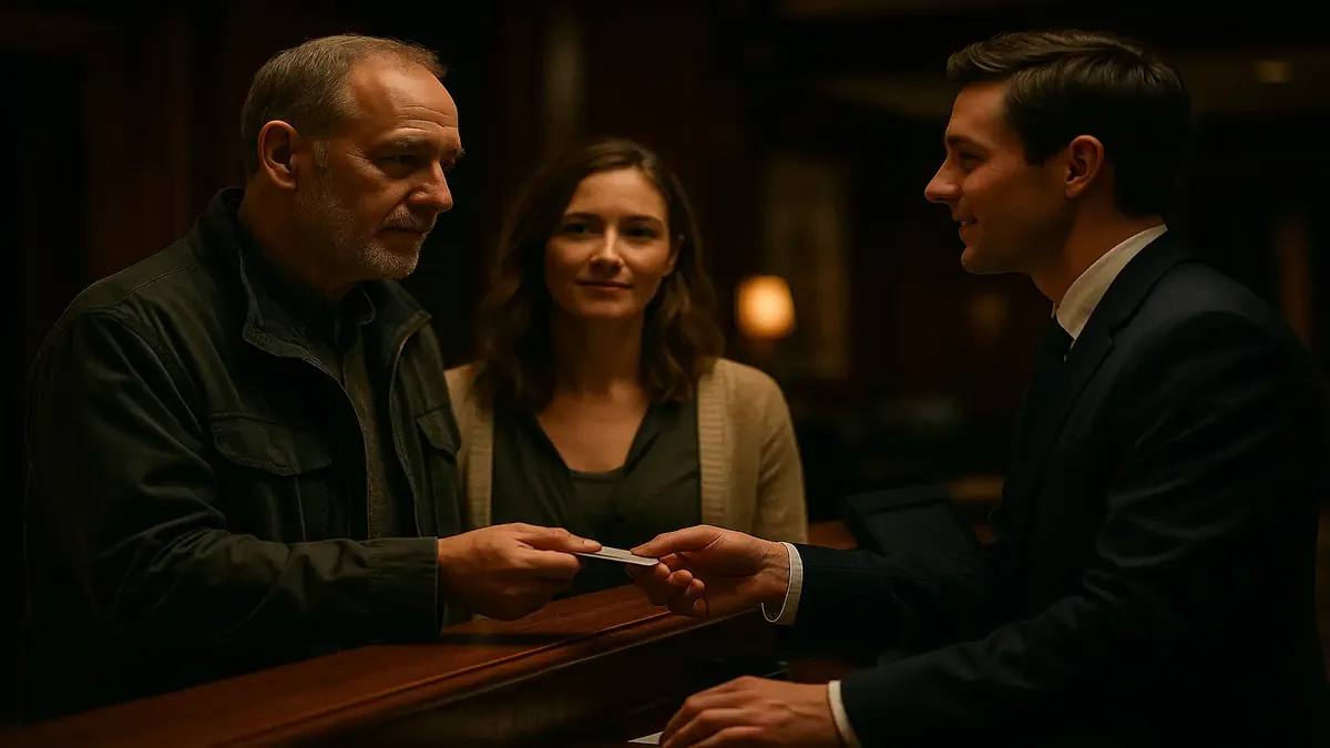 एक होटल लॉबी की फिल्मी छवि, मेहमानों का गर्म स्वागत करते हुए, जो पंखों से मुक्त आवास की तलाश में हैं।