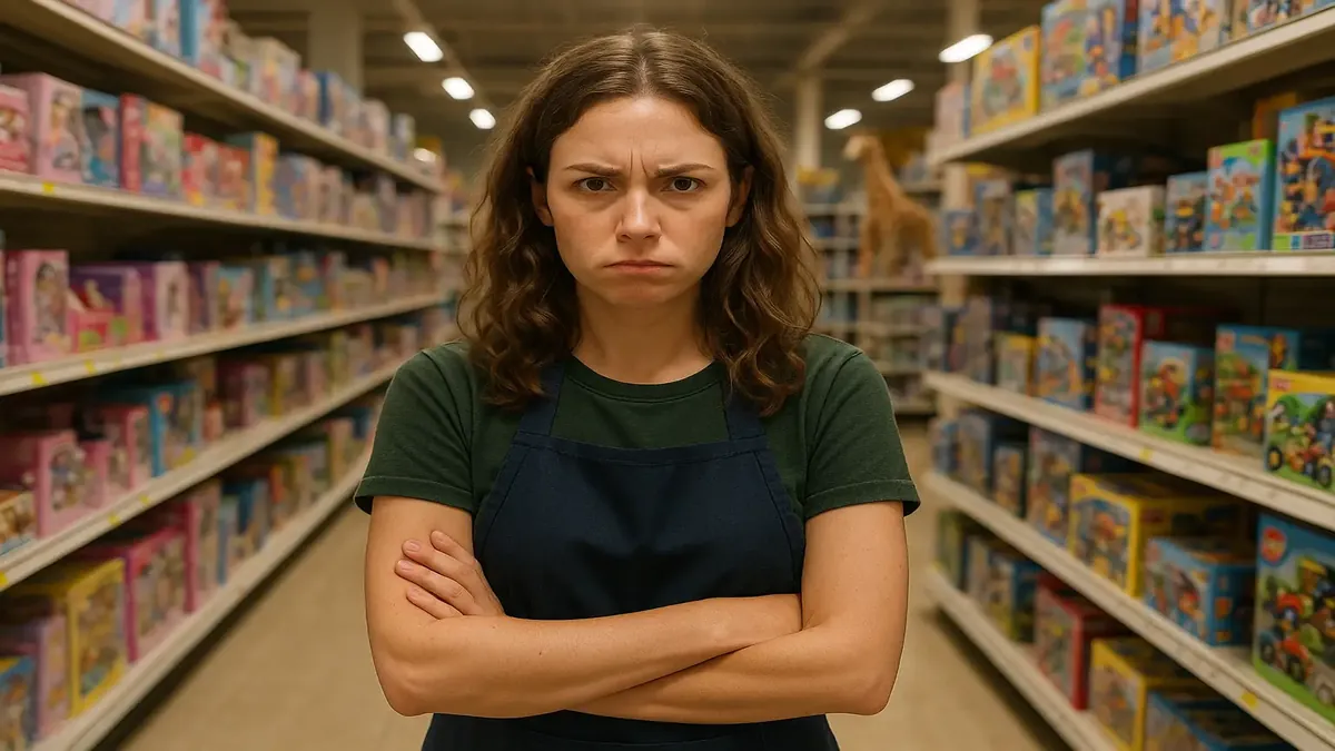 एक हास्यपूर्ण दृश्य जिसमें एक अराजक खिलौनों की दुकान, निराश ग्राहक और परेशान कर्मचारी दिख रहे हैं।