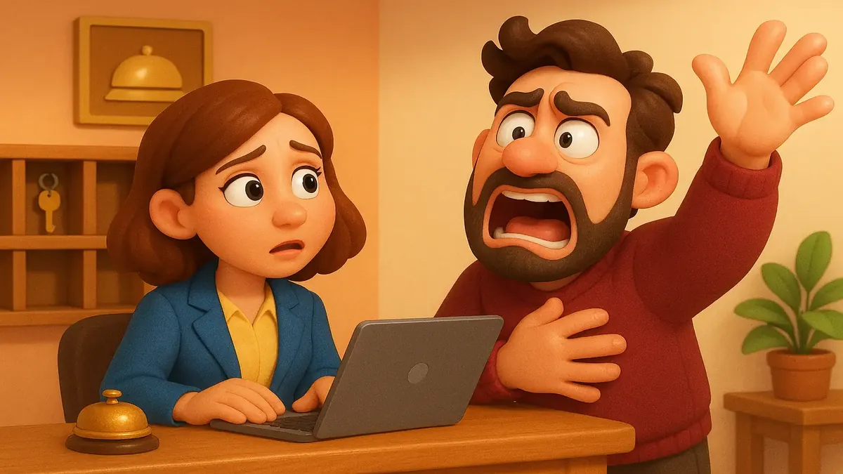 होटल के रिसेप्शन पर एक आदमी की कार्टून-शैली 3D चित्रण, जो कमरे की चाबी मांग रहा है और अनावश्यक नाटक बना रहा है।