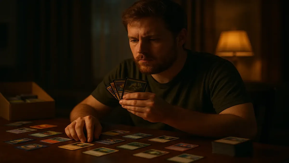 टेबल पर पोकेमॉन और मैजिक द गैदरिंग डेक के साथ ट्रेडिंग कार्ड गेम का सिनेमाई चित्र।