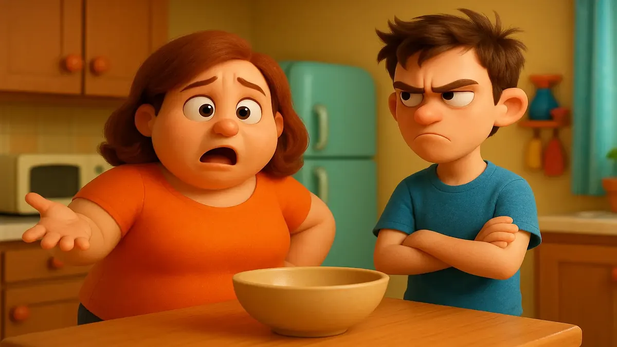 परिवार के न drama से परेशान व्यक्ति की कार्टून 3D चित्रण, खाली शेल्व्स के साथ उपभोक्ता व्यवहार को दर्शाता है।