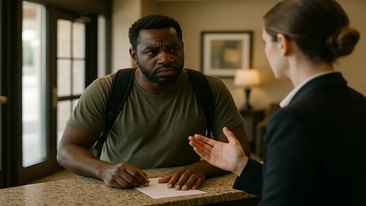 विभिन्न अतिथियों के साथ होटल की रिसेप्शन, आतिथ्य में नियमों के पालन की चुनौतियों को दर्शाती है।