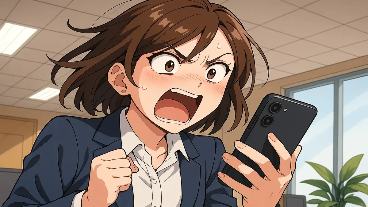 एक ऑफिस में चौंकी हुई महिलाओं का एनीमे चित्र, जो एक आश्चर्यजनक मेहमान संदेश पर प्रतिक्रिया दे रही हैं।