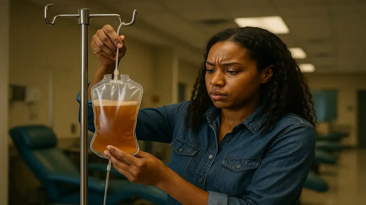 एक प्लाज़्मा दान केंद्र का आंतरिक दृश्य, जहां केविना की अनुपस्थिति महसूस होती है।