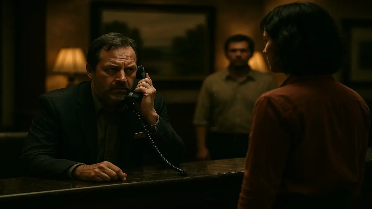 एक व्यस्त होटल लॉबी का दृश्य, जहाँ सीमित कमरे उपलब्ध हैं और मेहमान निराश हैं।