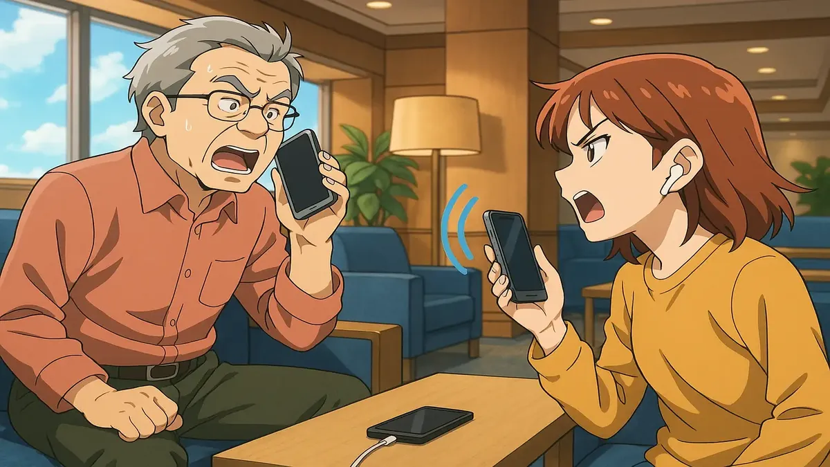 होटल लॉबी में तेज़ बातचीत का एनीमे-शैली का चित्र, साझा स्थानों में शोर की समस्या को दर्शाता है।