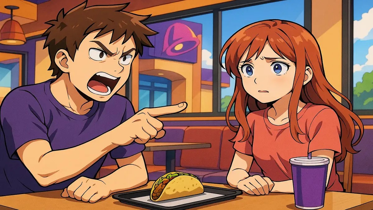 एनिमे शैली में टाको बेल के दृश्य का चित्रण, जो एक मजेदार भोजन अनुभव को उजागर करता है।