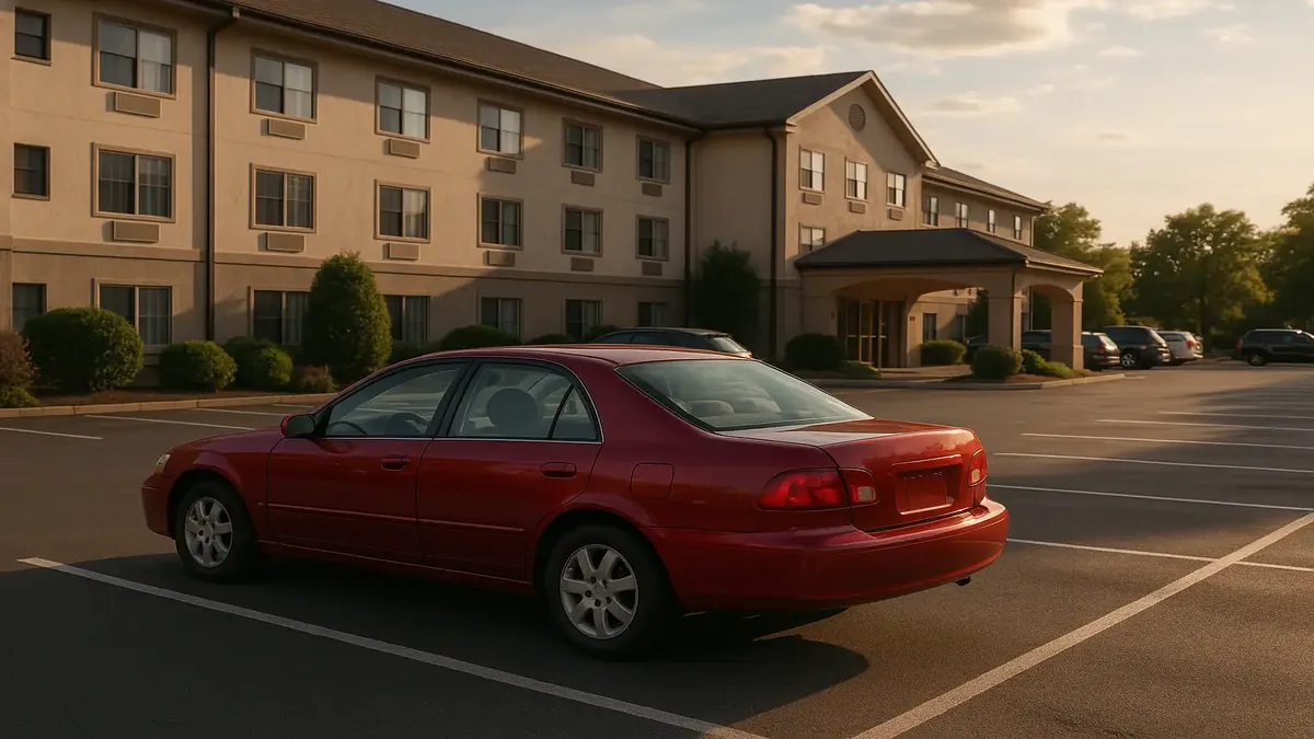 होटल के पार्किंग स्थल की फोटो, जिसमें एक कार के शीशे पर डरावनी HOA नोटिस है।