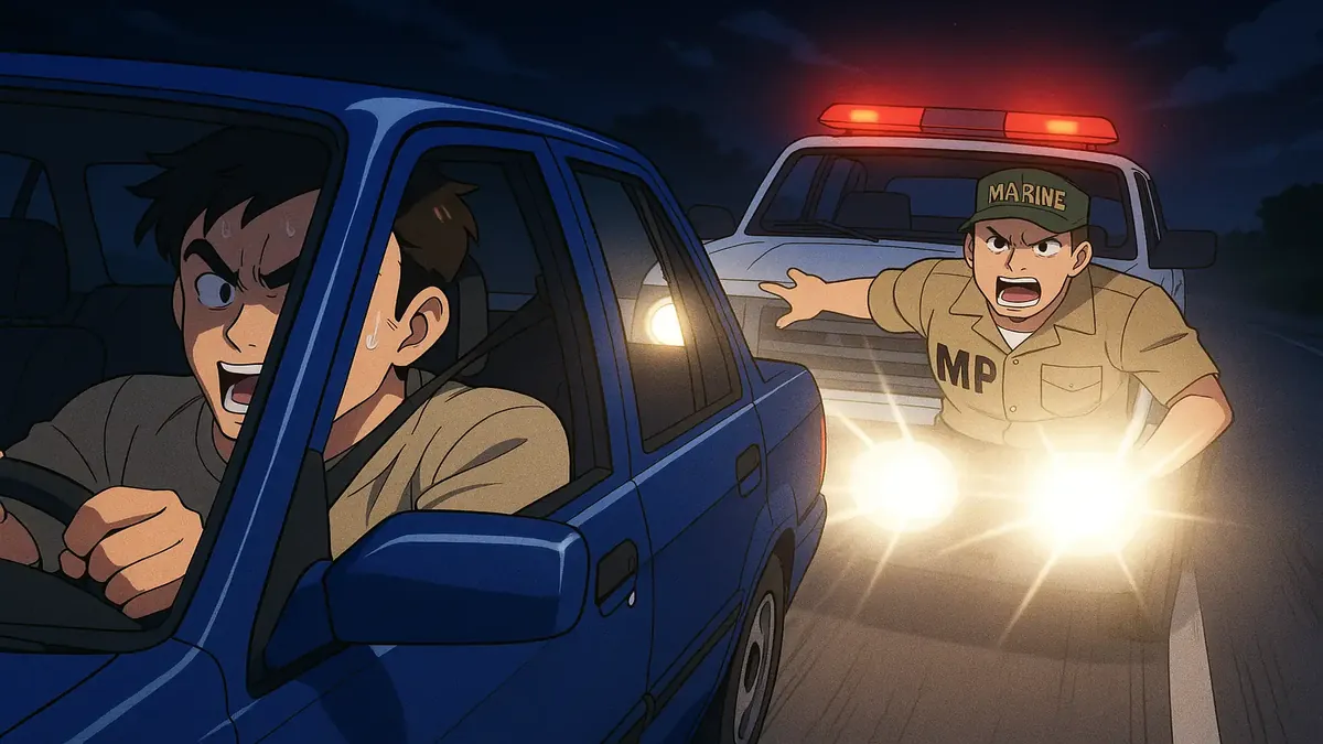 एक सैन्य अड्डे पर रात में एक मरीन पुलिस अधिकारी द्वारा एक कार का पीछा करते हुए एनीमे चित्रण।