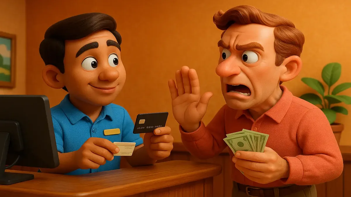 होटल चेक-इन पर मेहमान की भुगतान के लिए सवाल उठाते हुए 3डी कार्टून चित्रण, असहजता व्यक्त करते हुए।