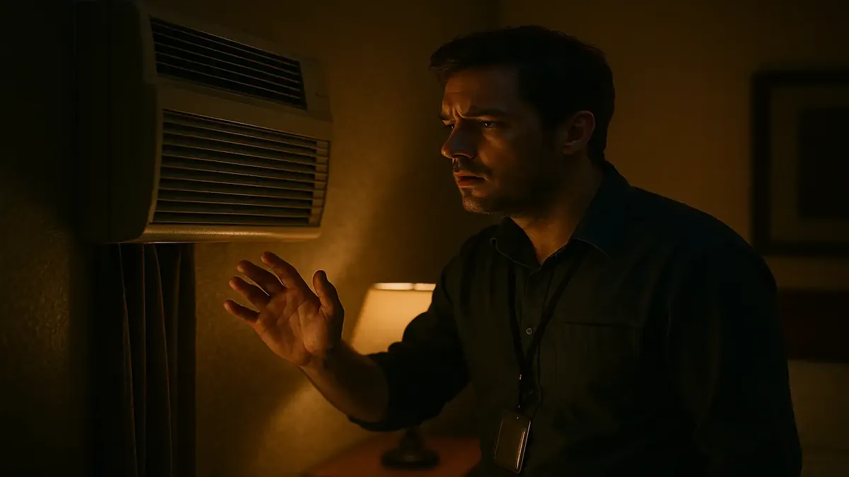 रात के ऑडिट शिफ्ट में मेहमान एसी खराब होने की शिकायत कर रहा है, एक सिनेमाई होटल सेटिंग में।