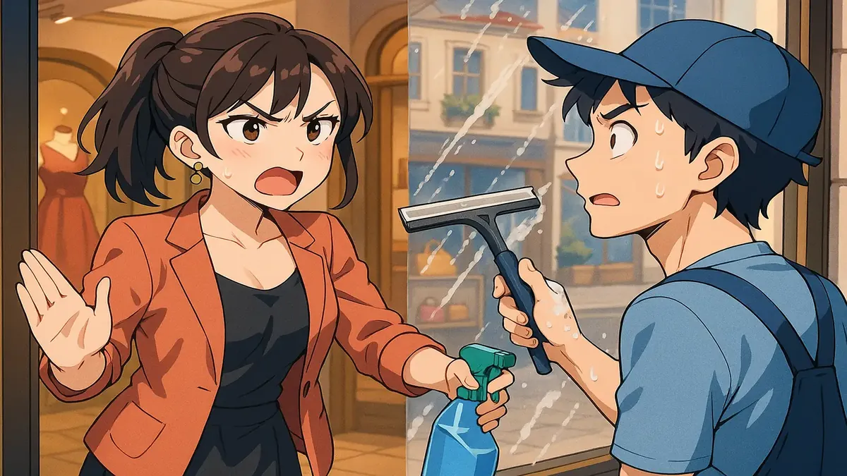 एक एनिमे चित्रण जिसमें एक बुटीक मालिक एक गुस्साए ग्राहक का सामना कर रहा है, हाथ में खिड़की साफ़ करने का बोर्ड है।