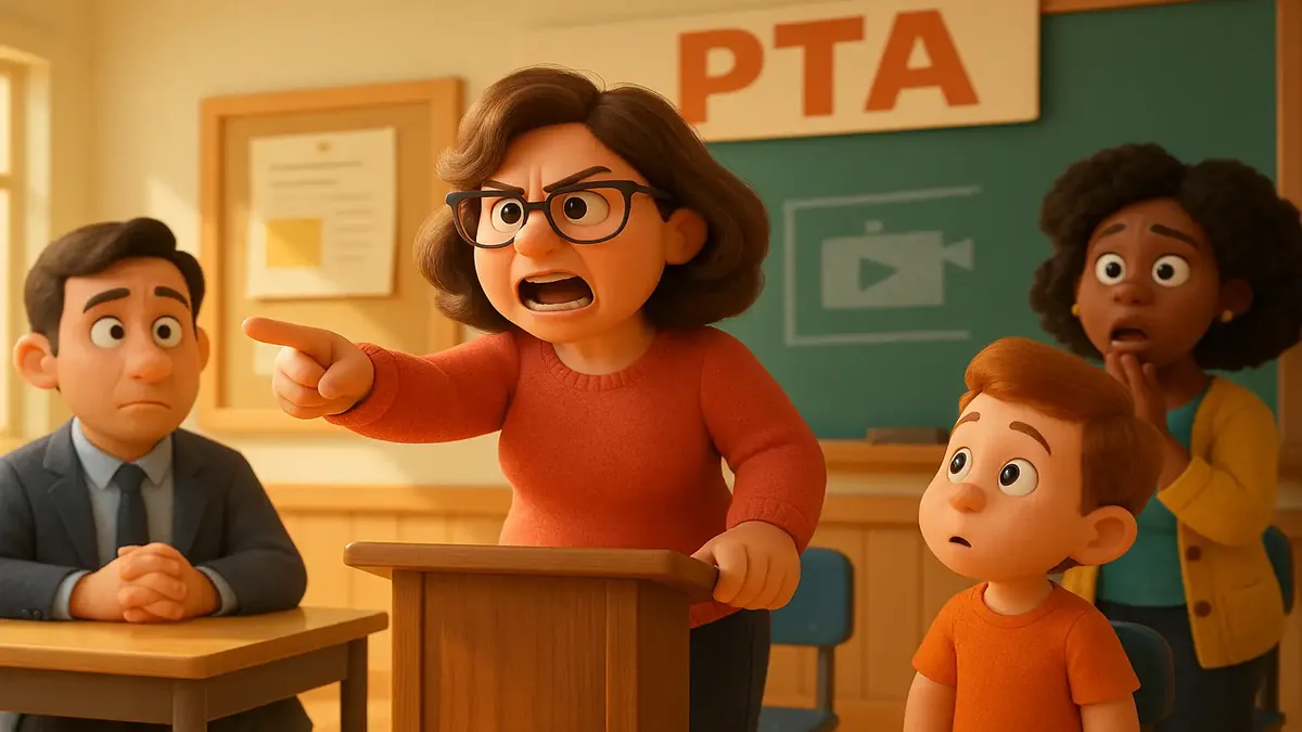 बच्चों को हथियार बेचने वाले दुकानदार का सामना करती बहादुर मां का कार्टून चित्रण।