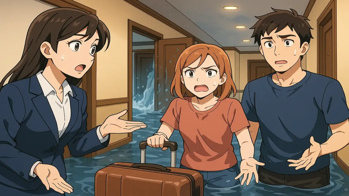 तूफानी पृष्ठभूमि के बीच चिंतित मेहमानों और स्टाफ के साथ होटल लॉबी की एनीमे चित्रण।