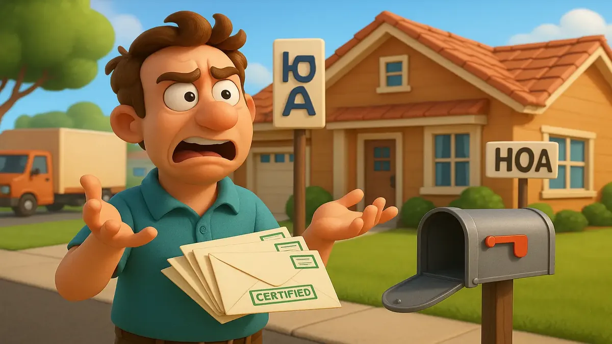 फ्लोरिडा के HOA दृश्य का कार्टून चित्रण, जिसमें चलती ट्रक और प्रमाणित डाक नोटिस हैं।