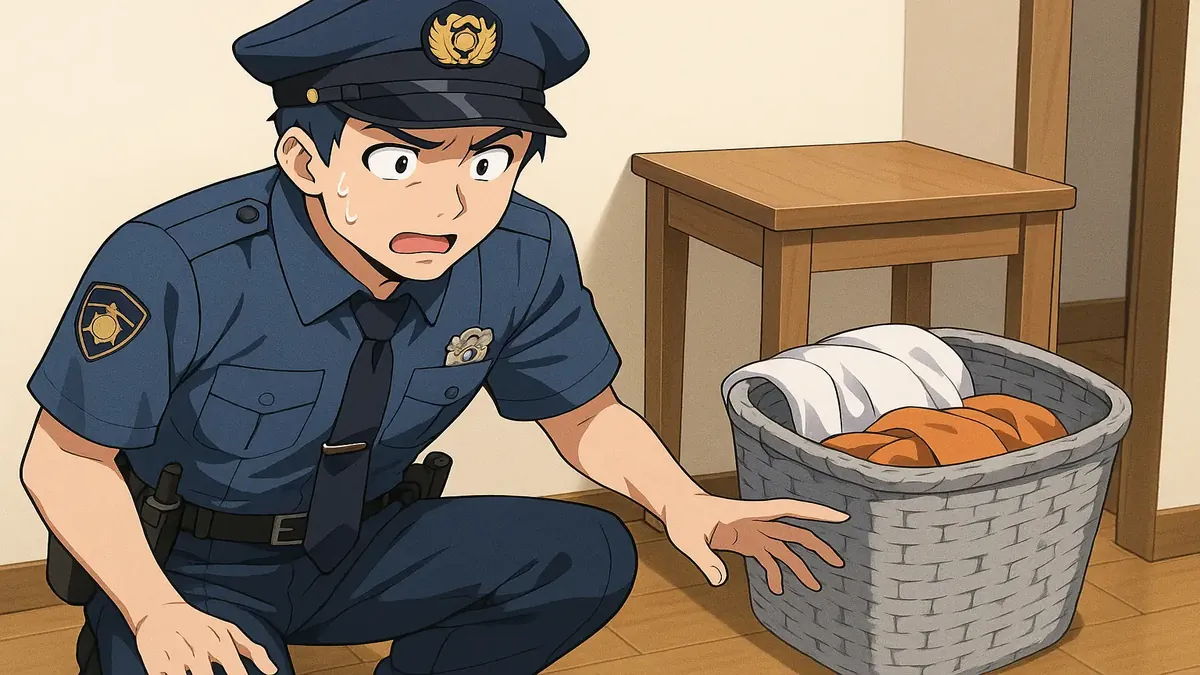 कपड़ों से भरी धोने की टोकरी की एनिमे-शैली की चित्रण, जो एक पुलिस अधिकारी की पूछताछ को दर्शाता है।