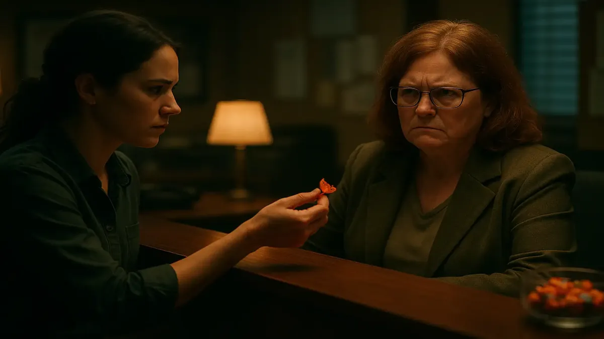 छोटे व्यवसाय में शक्ति का अनुभव करने वाली रिसेप्शनिस्ट, एक सिनेमाई कार्यालय दृश्य में तनाव उत्पन्न कर रही है।