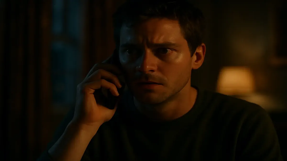 छिपे नंबर से आए डरावने फोन कॉल पर प्रतिक्रिया देने वाले व्यक्ति का चित्रण, जो भय और चिंता को दर्शाता है।