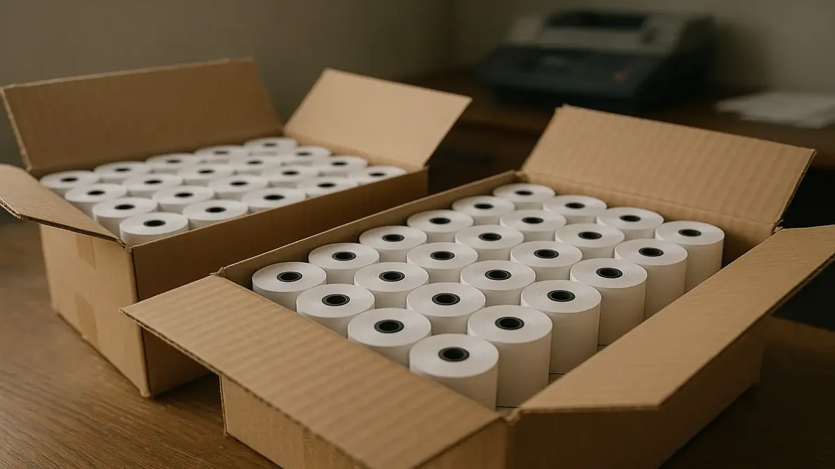 एक शिपिंग बॉक्स में कैश रजिस्टर रोल, निर्माण सामग्री के आदेशों में वितरण चुनौतियों को दर्शाता है।