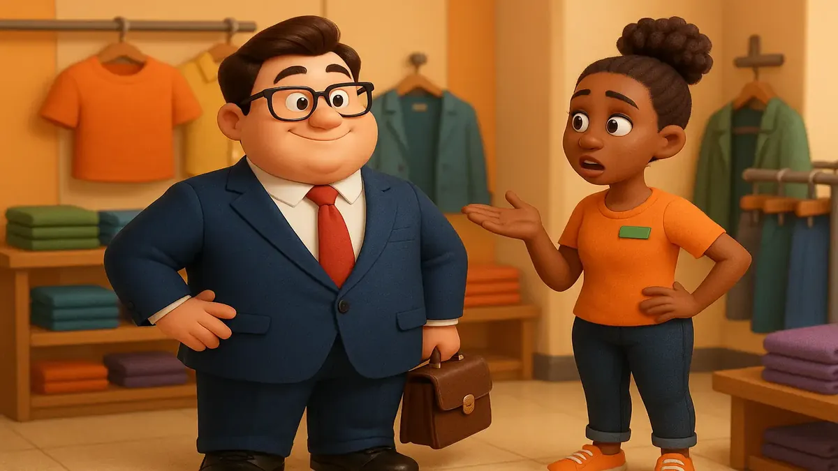 खुदरा दुकान में सीईओ की वेशभूषा में व्यक्ति का कार्टून-3डी चित्रण, कार्यस्थल की महत्वाकांक्षा को दर्शाते हुए।