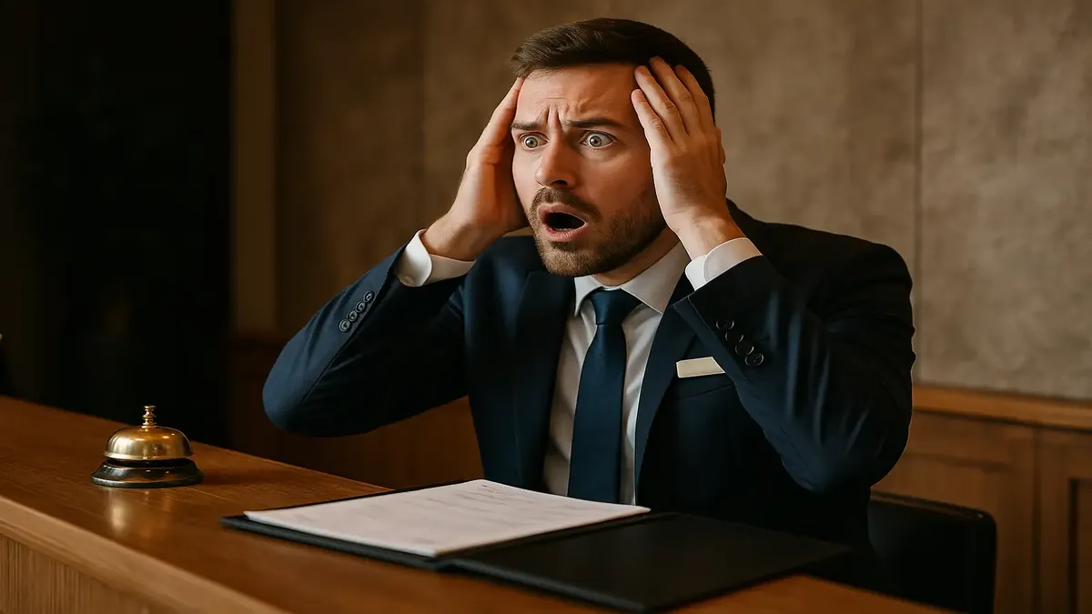 छह सदस्य परिवार होटल में चेक-इन कर रहा है, बच्चों की अधिकता और ओवरबुकिंग से उलझन दिखाते हुए।