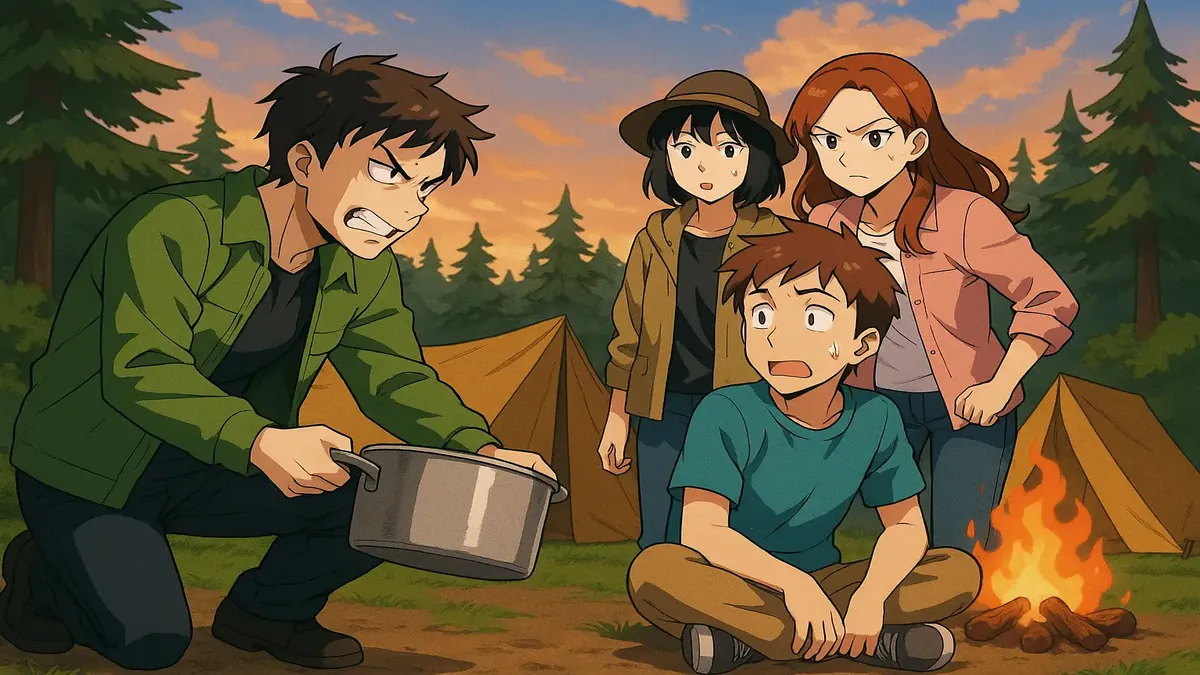 अनियोजित बाहरी सेटिंग में संतोष, टॉड, मेगन और मैरी के साथ कैम्पिंग की अराजकता का एनिमेटेड दृश्य।