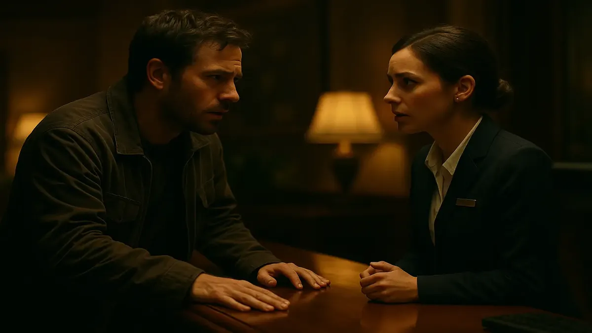 होटल के रिसेप्शन क्षेत्र की सिनेमाई छवि, जिसमें एक चिंतित स्टाफ सदस्य और मेहमान की बातचीत है।