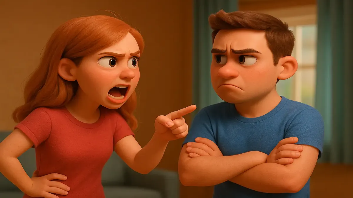 एक कार्टून-3D चित्रण जिसमें एक जोड़ा फोन कॉल पर बहस कर रहा है, प्रेमियों के झगड़े का तनाव दर्शा रहा है।