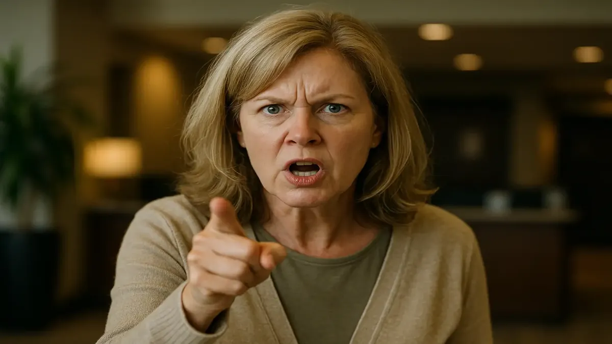 होटल का दृश्य जिसमें एक निराश अतिथि कर्मचारियों से चर्चा कर रहा है, जिससे आतिथ्य की रोज़मर्रा की चुनौतियाँ सामने आती हैं।