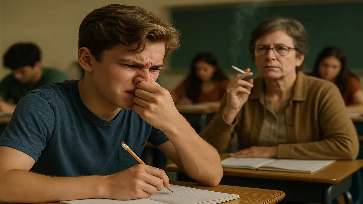 एक कक्षा में, छात्रों के चारों ओर एक बुरा-smell शिक्षक, मजेदार बदला लेने की कहानी को उजागर करते हुए।