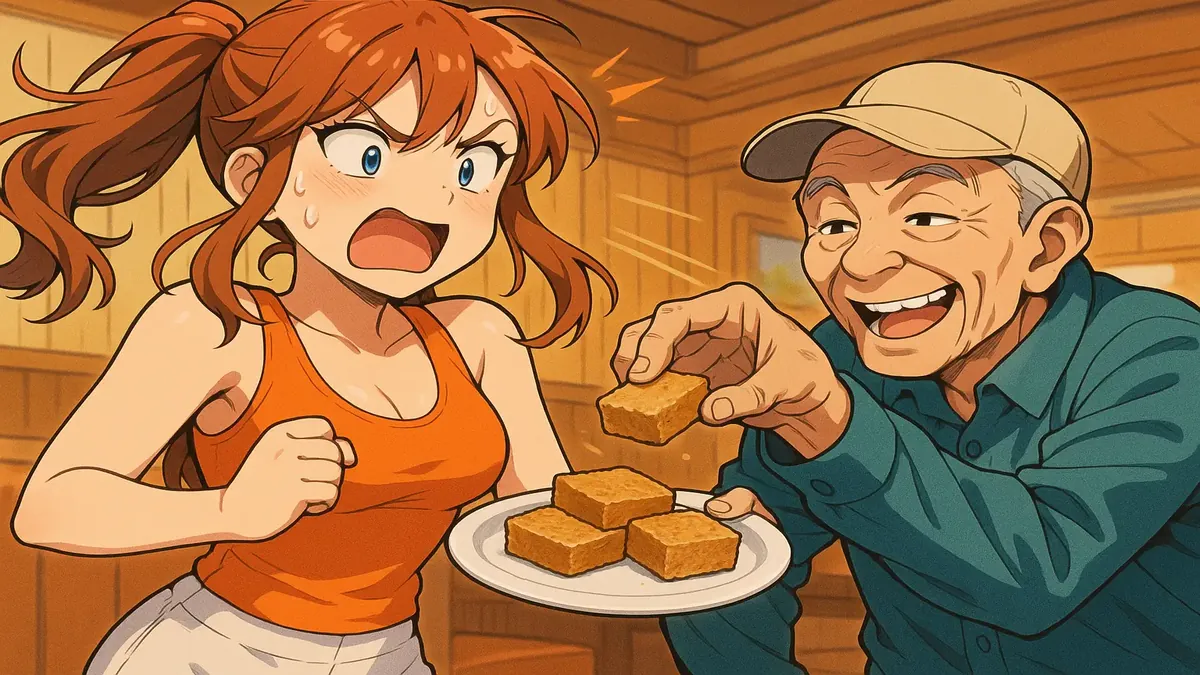 फ्राई तेल और मजेदार मिठाइयों के साथ एक हास्यपूर्ण खाद्य प्रैंक का एनीमे-शैली में चित्रण।