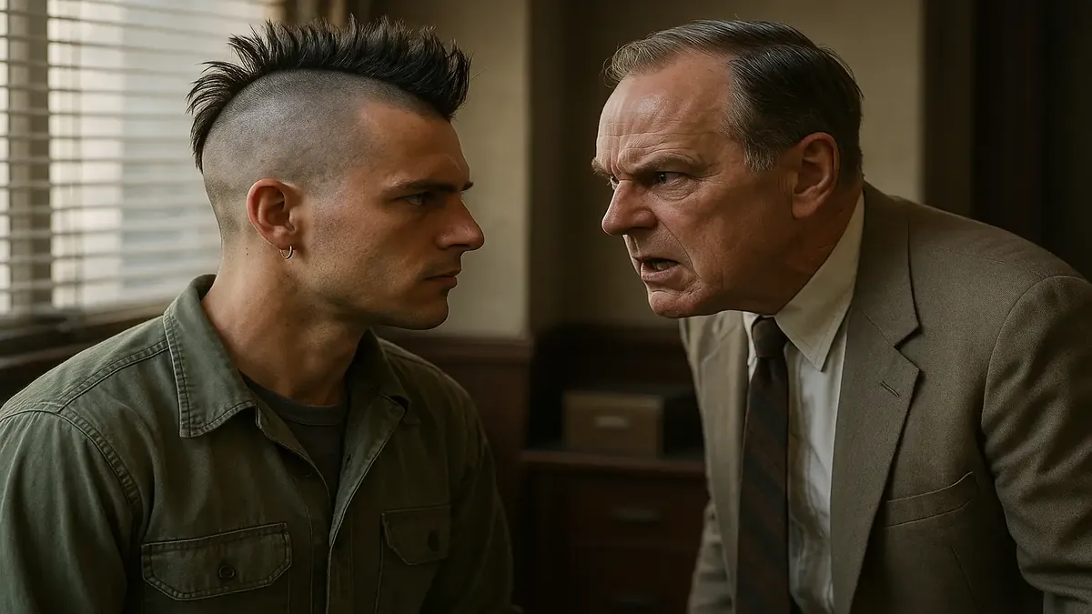 50 के दशक में काम पर, मोहॉक हेयरकट के साथ एडी द एक्स, आत्मविश्वास से भरा नजर आ रहा है।