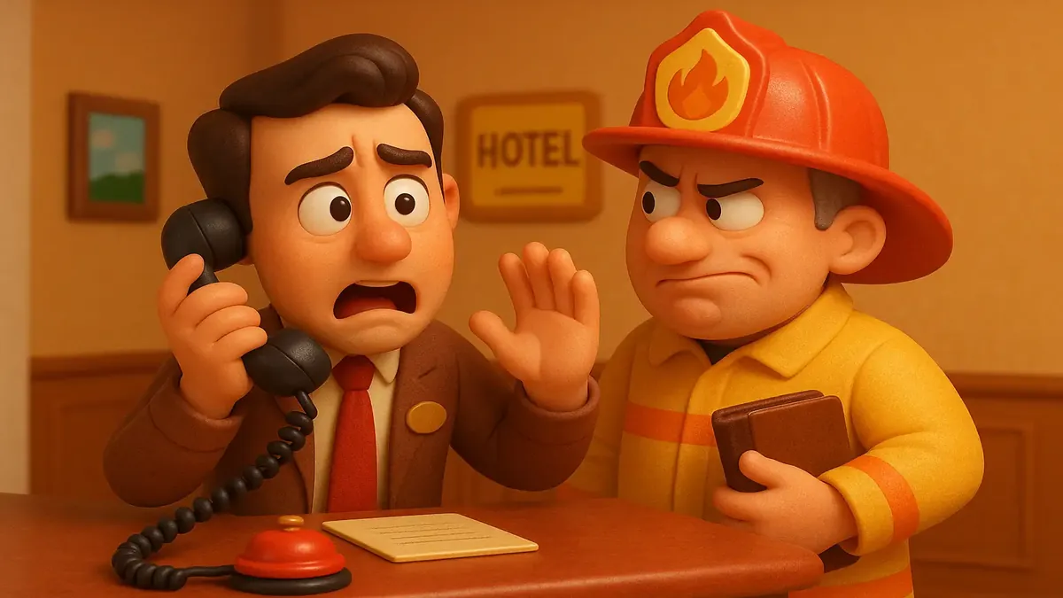 होटल की जांच करते हुए संदेहास्पद अग्निशामक अधिकारी का कार्टून 3डी चित्र, धोखाधड़ी की चेतावनी को उजागर करता है।