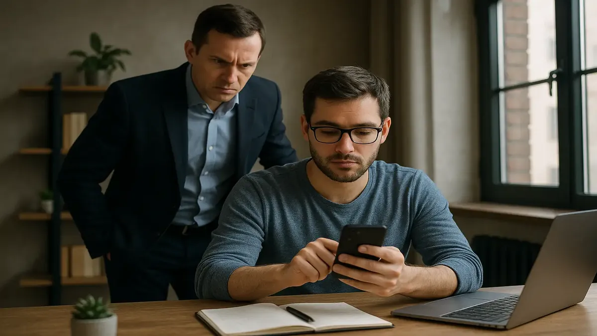 समूह चैट में शामिल एक दूरस्थ कार्यकर्ता, विभिन्न भाषाओं में संवाद करते हुए, विविध टीमवर्क को दर्शाते हुए।