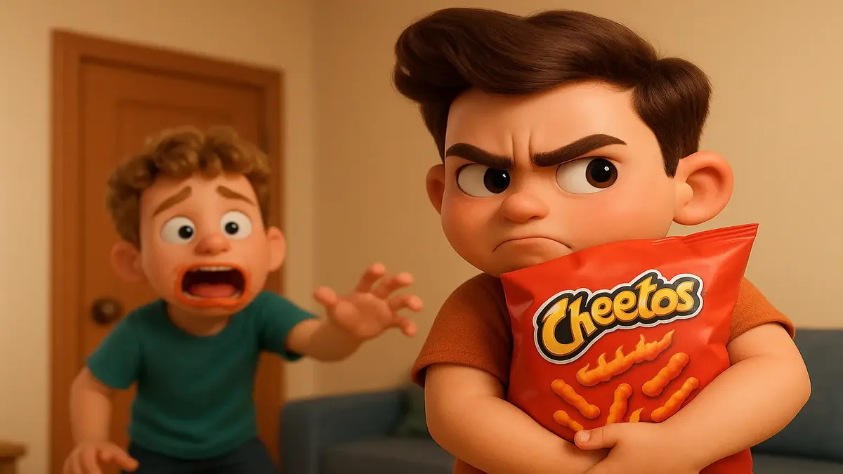 एक विशाल फ्लेमिन' हॉट चीटोज़ का थैला और चोर roommate जो स्नैक्स चुराते हुए।