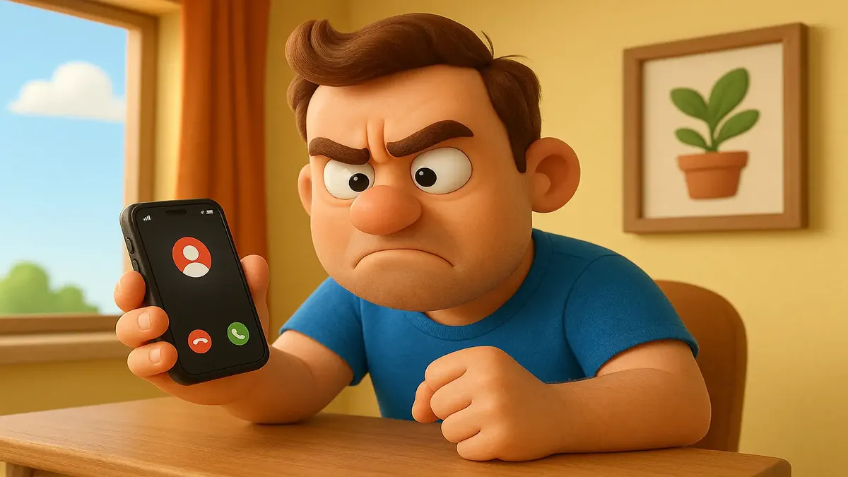 आश्चर्यचकित आदमी का कार्टून-3D चित्र, जो फोन कॉल रिसीव कर रहा है और भ्रमित दिख रहा है।