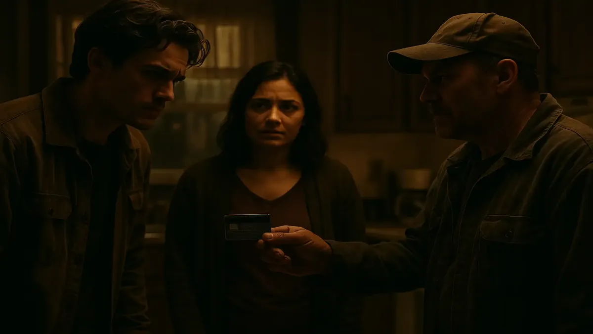 एक नाटकीय छवि जिसमें परिवार के बीच संपत्ति और बेईमानी को लेकर तनावपूर्ण सामना दिखाया गया है।