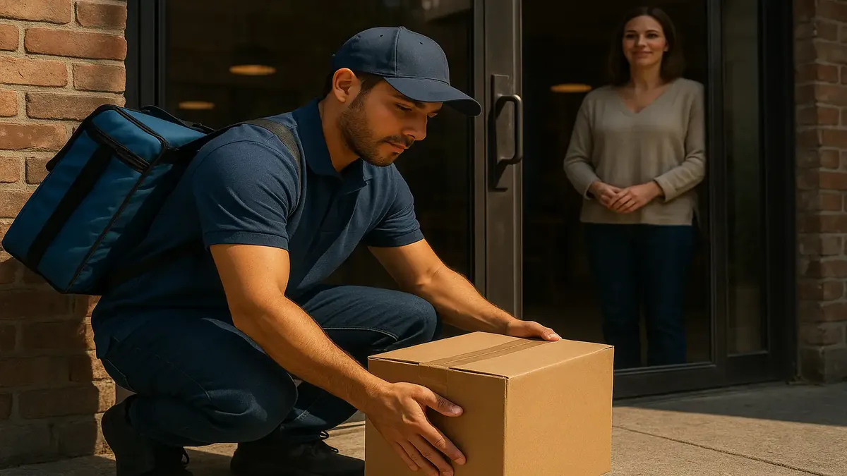 बिना हस्ताक्षर की आवश्यकता के व्यवसाय में अमेज़न पैकेज सौंपते डिलीवरी ड्राइवर।