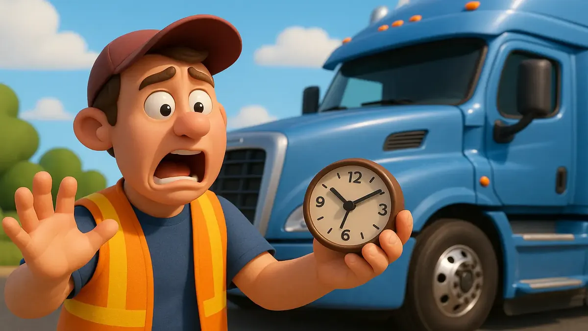 न्यू हैम्पशायर में हाईवे पर ड्राईवॉल लदे सेमी ट्रक की कार्टून 3D चित्रण।