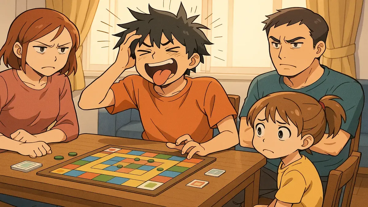 हंसते-खिलखिलाते परिवार के खेल रात का एनिमे-शैली का चित्रण।