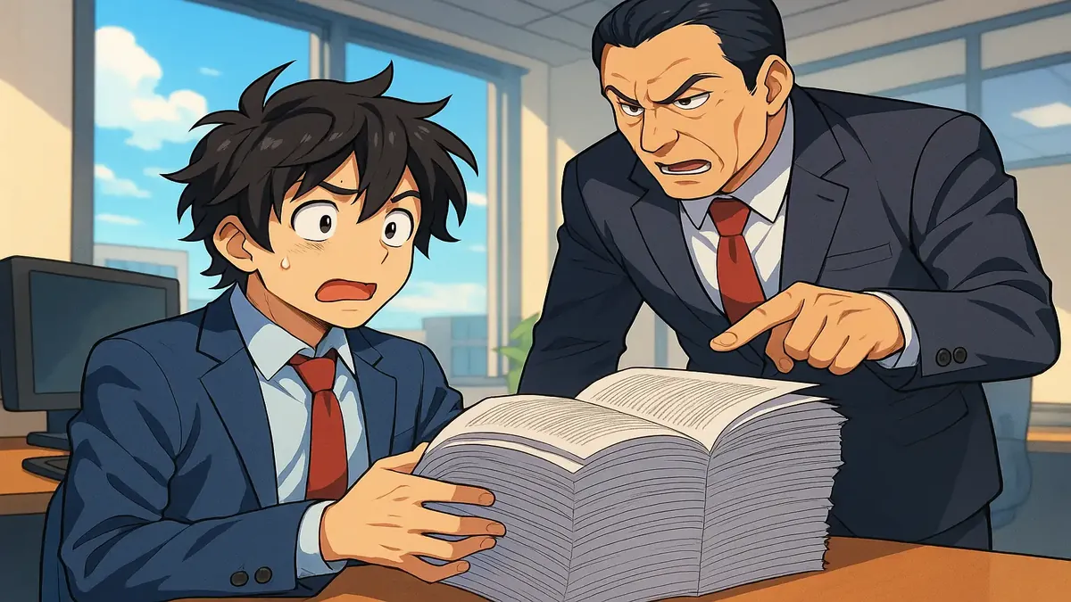 ऑफिस के माहौल में ढेर सारे कागजात और रिपोर्टों से अभिभूत एनिमे पात्र।