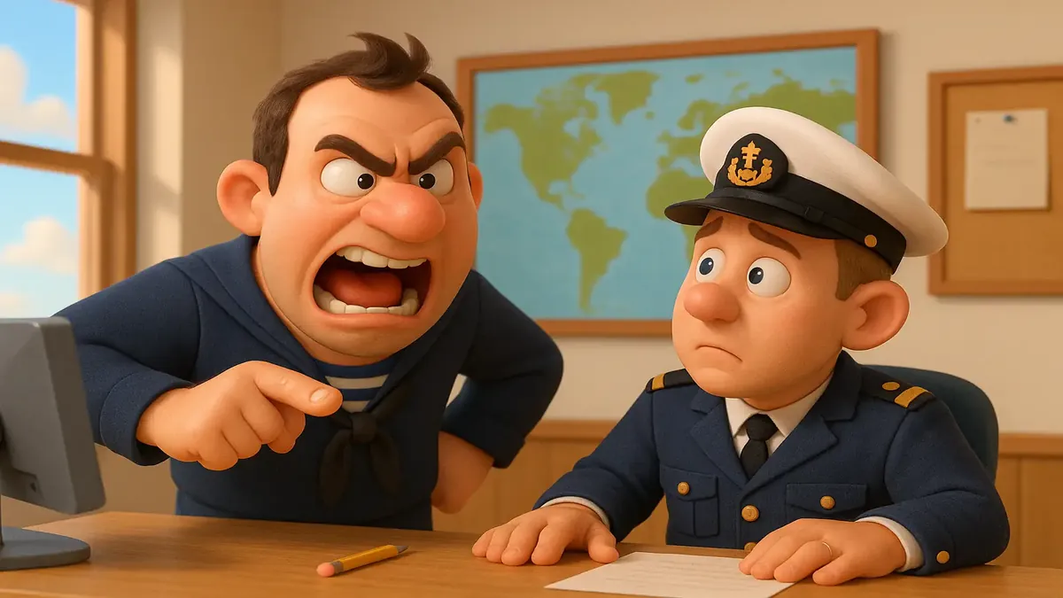 डेन हेल्डर में एक चतुर डच नौसेना कर्मी का कार्टून-3D चित्रण, जो अनुपालन की कहानी को दर्शाता है।
