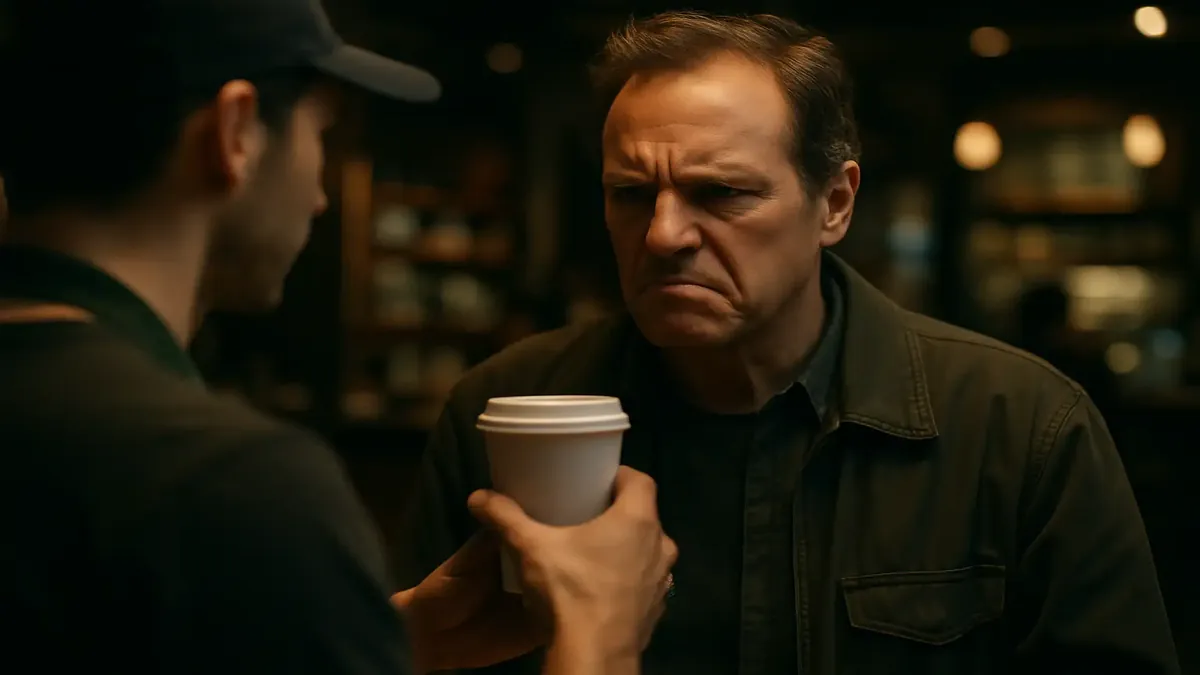 यूनियन स्क्वायर, NYC में स्टारबक्स में एक बरिस्ता भाप उठाते लैट्­te परोस रहा है।