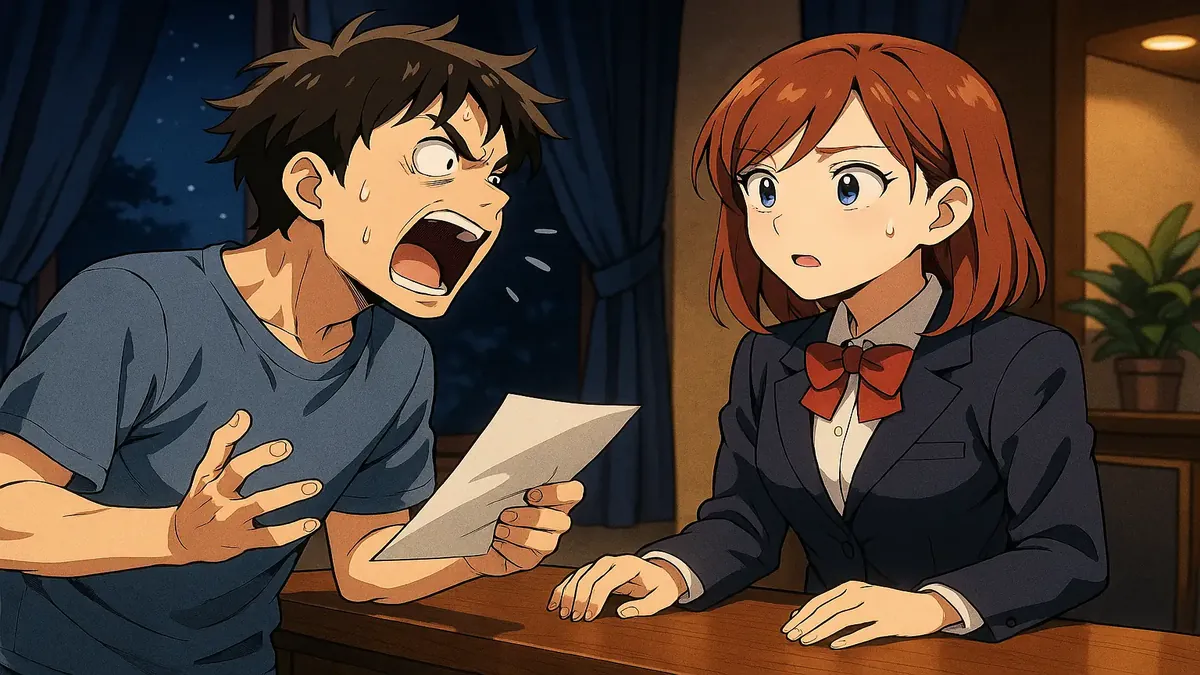 रात के समय शोर से परेशान एक मेहमान के साथ होटल रिसेप्शन का एनीमे-शैली का चित्रण।