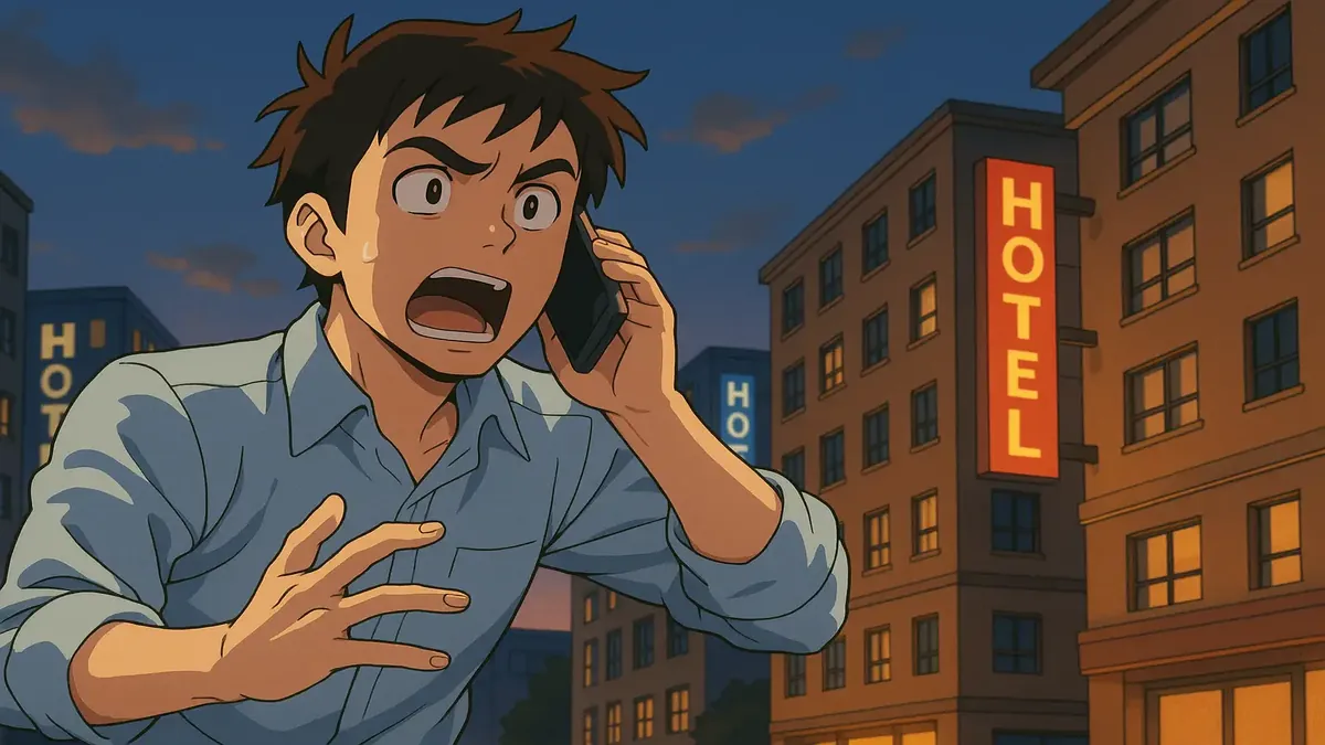 रात में एक होटल के बाहर अपनी पत्नी को ढूंढते हुए पति का एनीमे-शैली का चित्रण।