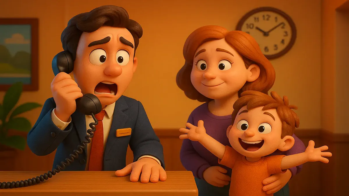 देर रात चेक-इन के दौरान चौंके हुए रिसेप्शनिस्ट के साथ कार्टून-3D होटल लॉबी का दृश्य।