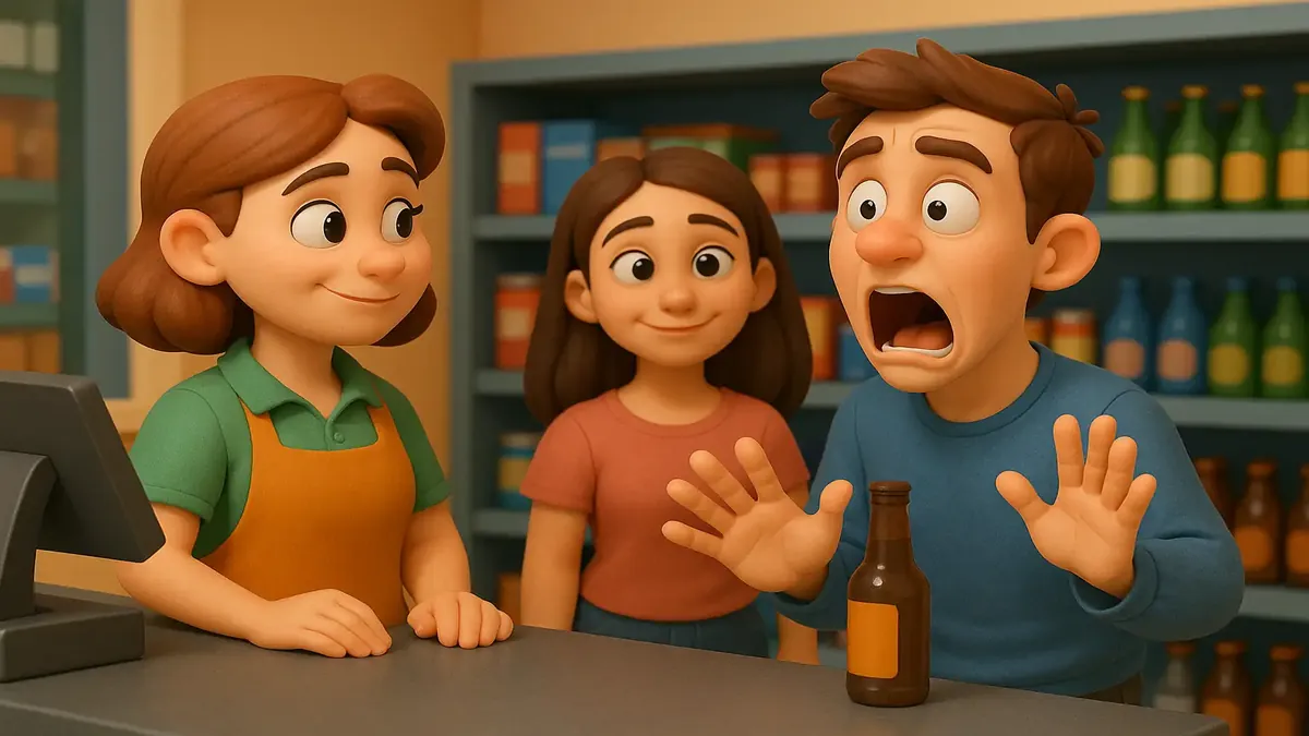 एक हैरान आदमी की कार्टून-3डी चित्रण, जो सुविधा स्टोर में शराब की बिक्री के लिए आईडी जांच को दर्शा रहा है।