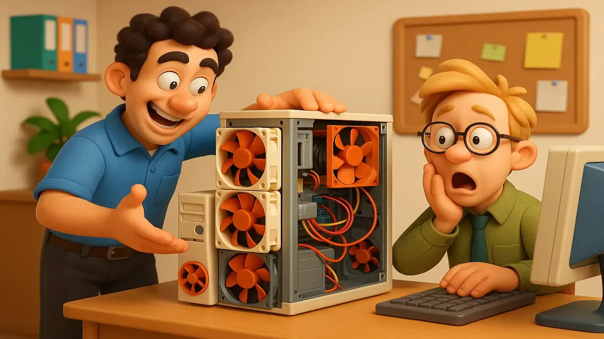 व्यावसायिक सेटिंग में जंगली आईटी मॉड्स का कार्टून-3D चित्रण, तकनीकी रचनात्मकता का अद्भुत प्रदर्शन।