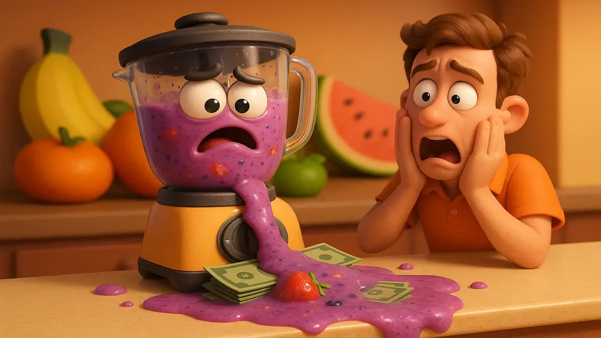 मजेदार तत्वों के साथ रंग-बिरंगे फ्रूट स्मूदी का कार्टून-3D चित्र, जो बुफे के बचे हुए खाद्य पदार्थों को दर्शाता है।